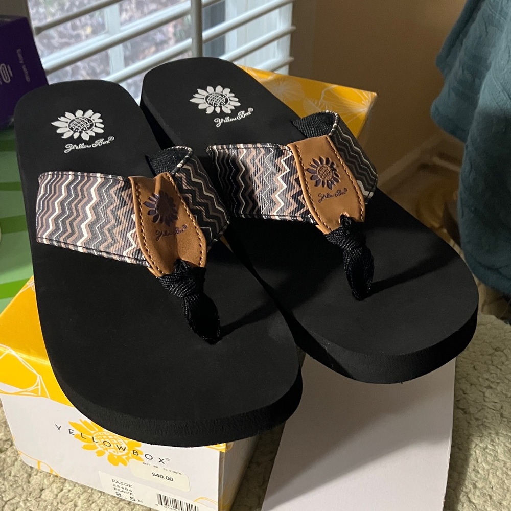 Yellow Box Black and Tan Zigzag Flip Flops